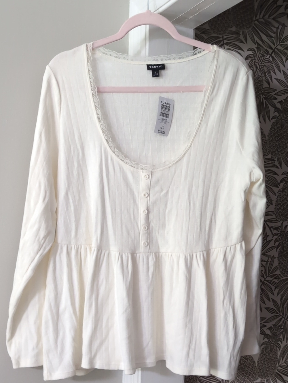 Torrid cream Scop neck long sleeve peplum henley with lace trim